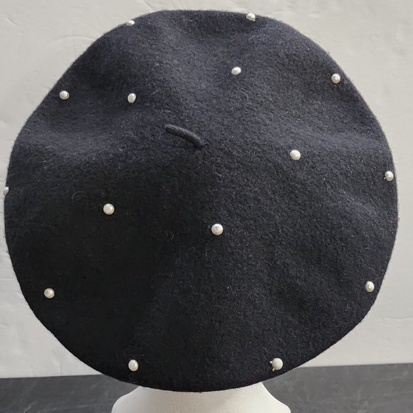 Vintage Rare Find 100% Wool Beret Made in Hong Kong Black Beret With Pearls Acce main image 2